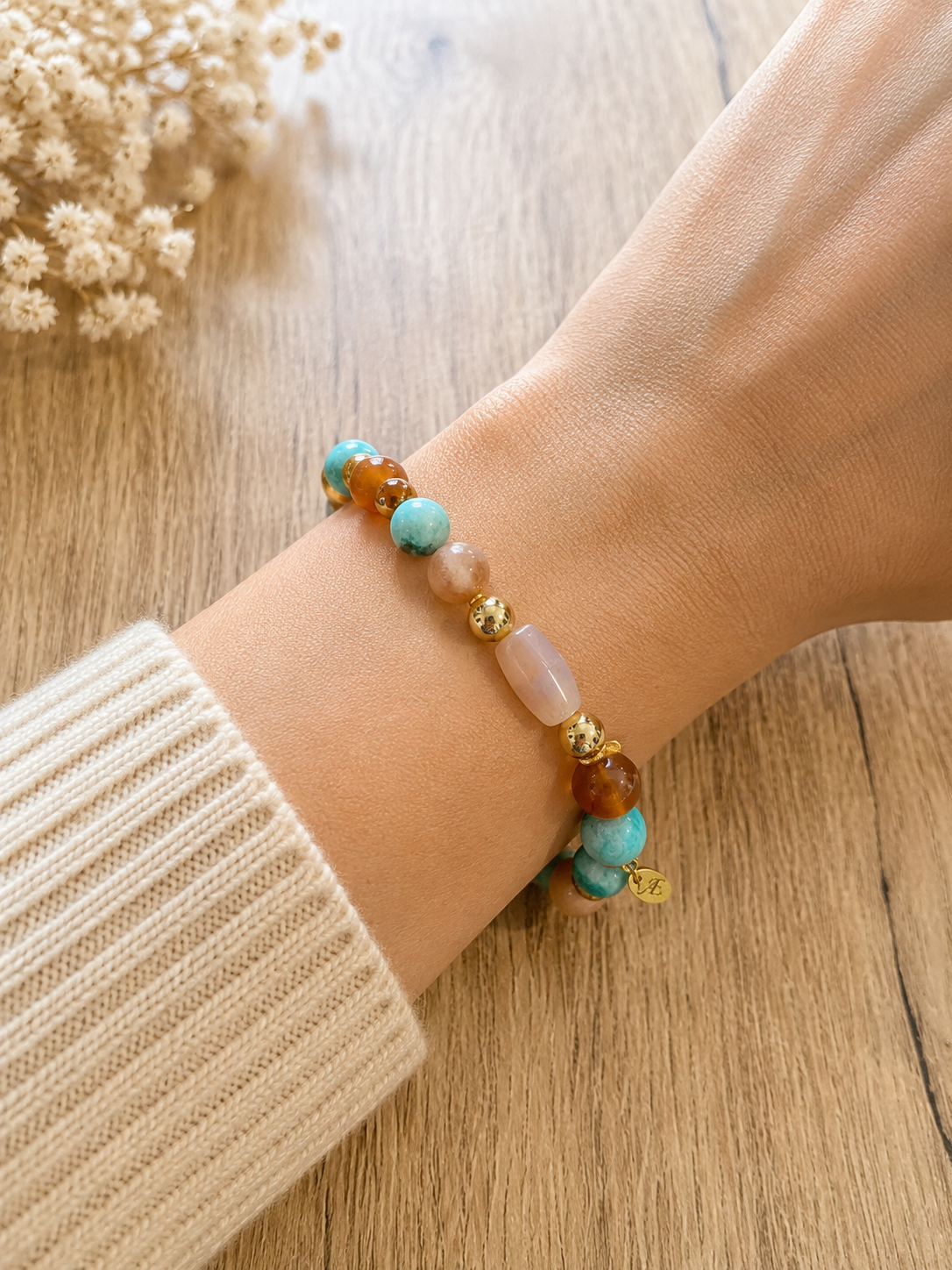 Bracelet Amazonite, Cornaline et Pierre du Soleil " Joie de Vivre "