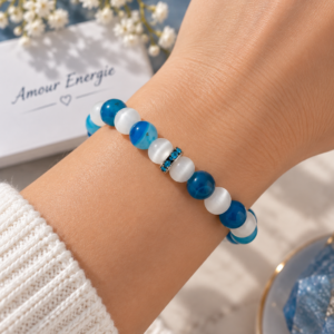 Bracelet Agate bleue et Œil de chat en pierres naturelles