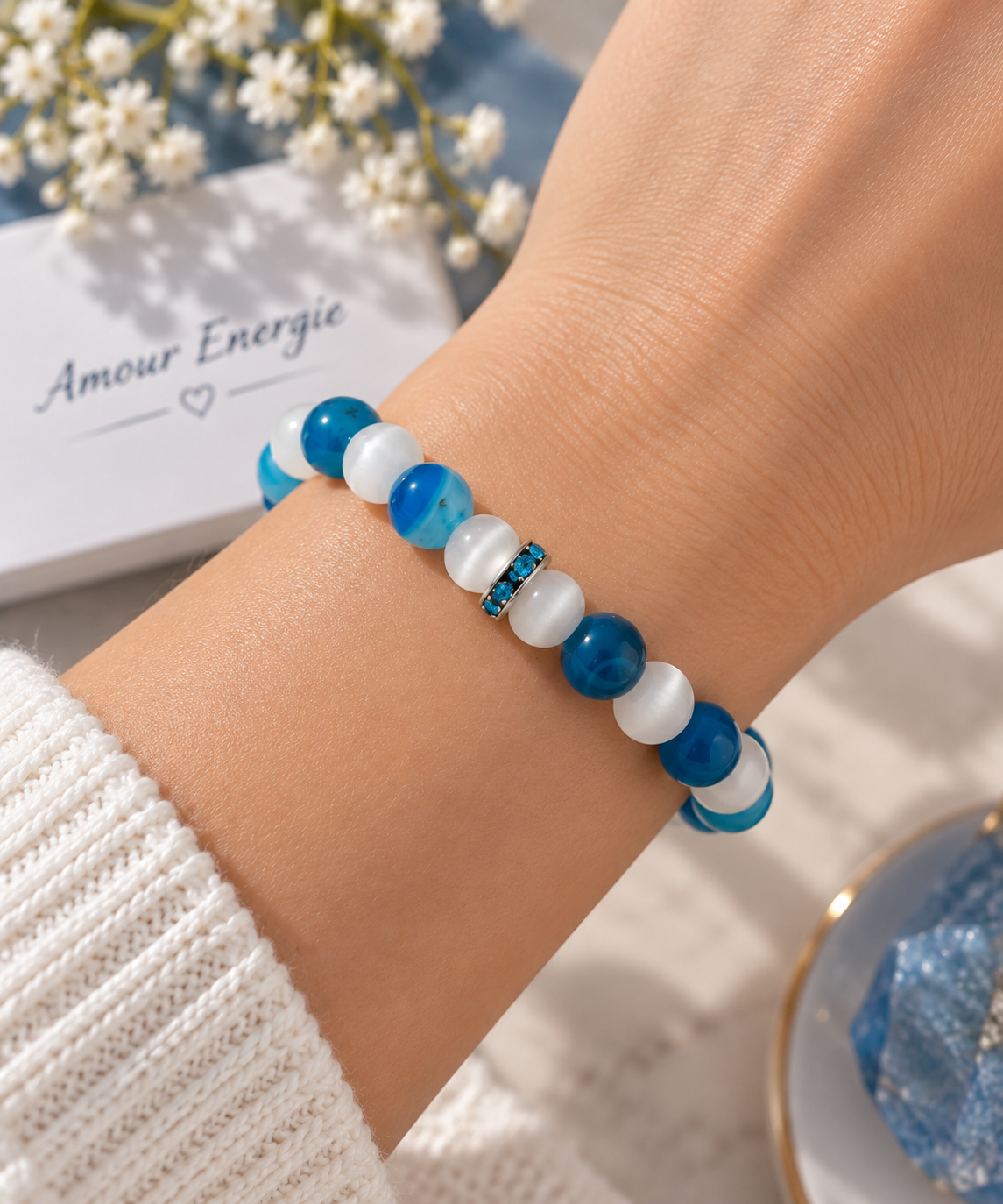 Bracelet Agate bleue et Œil de chat en pierres naturelles