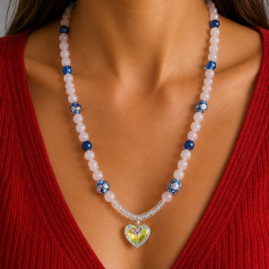 Collier Quartz Rose & Lapis-Lazuli – Cœur Swarovski