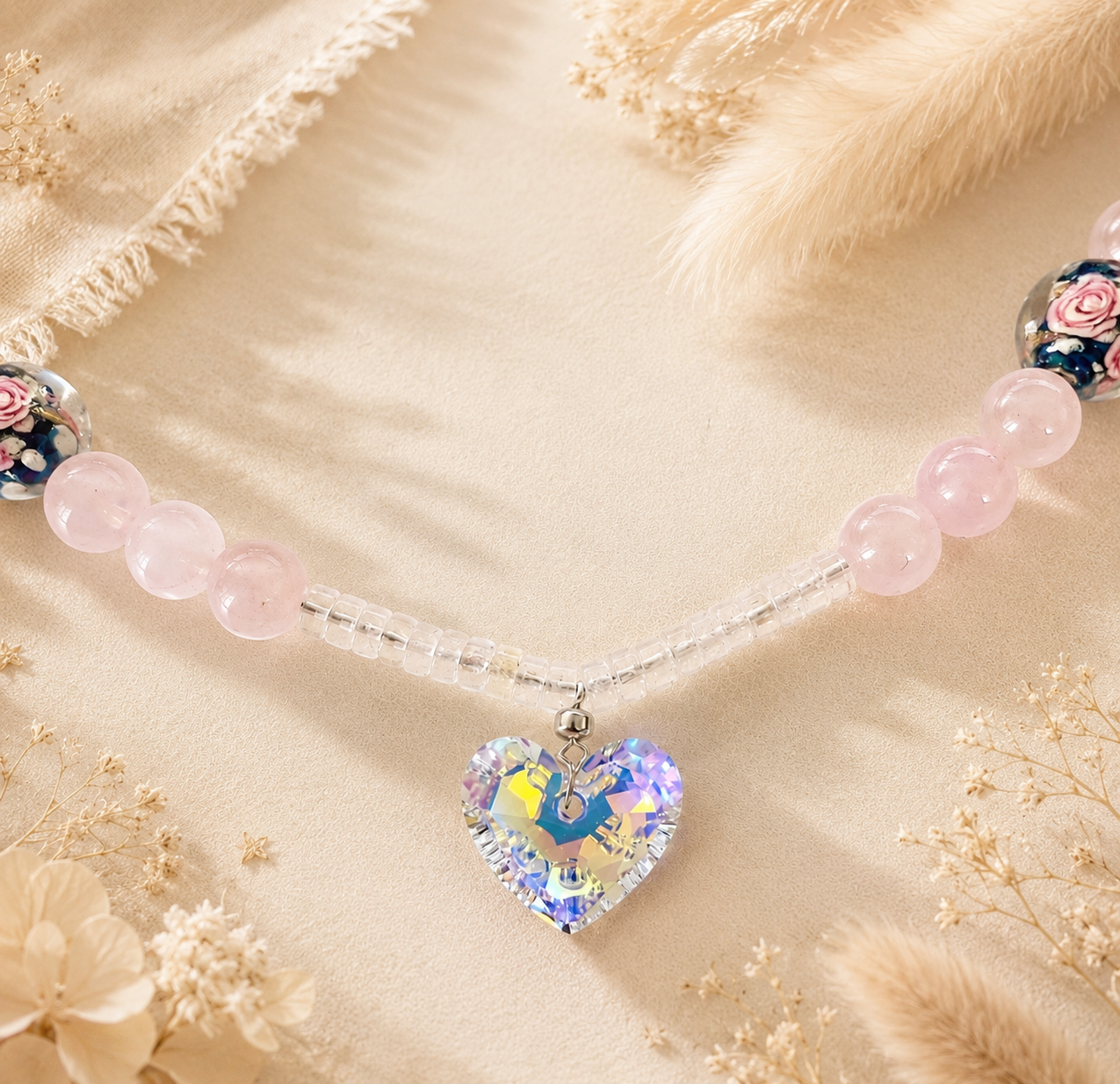 Collier Quartz Rose & Lapis-Lazuli – Cœur Swarovski – Image 2