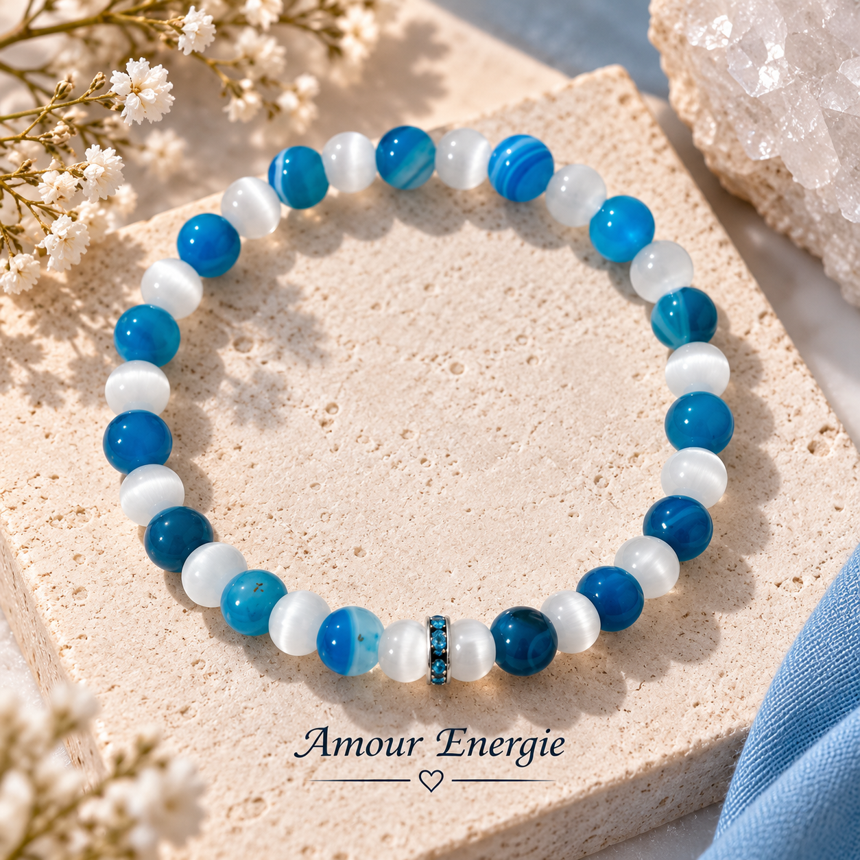 Bracelet Agate bleue et Œil de chat en pierres naturelles – Image 2