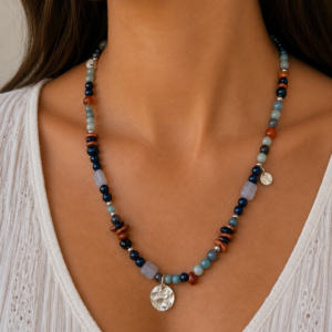 Collier Pierres de Iolite, Œil de Tigre Bleu, Aigue-Marine & chips d’Agate. Perles Naturelles