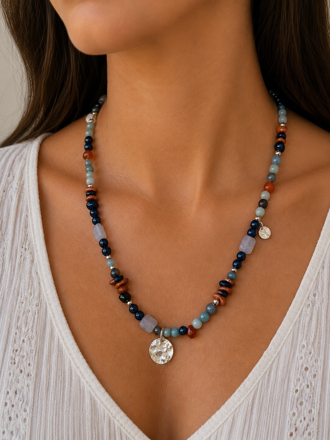 Collier Pierres de Iolite, Œil de Tigre Bleu, Aigue-Marine & chips d’Agate. Perles Naturelles