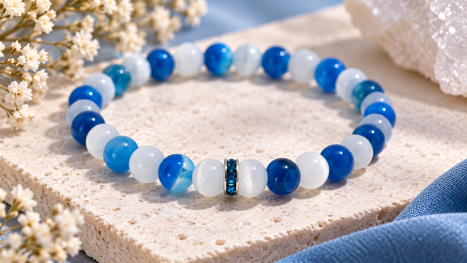 Bracelet Agate bleue et Œil de chat en pierres naturelles – Image 3
