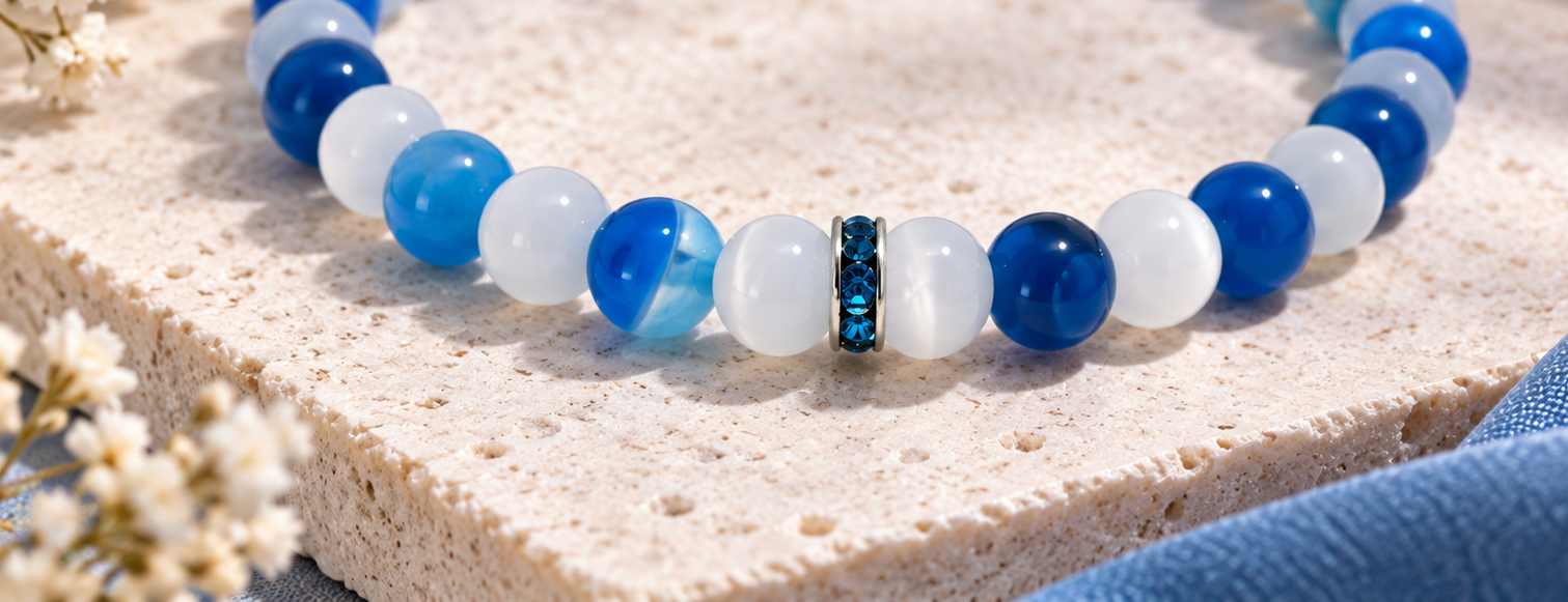 Bracelet Agate bleue et Œil de chat en pierres naturelles – Image 4