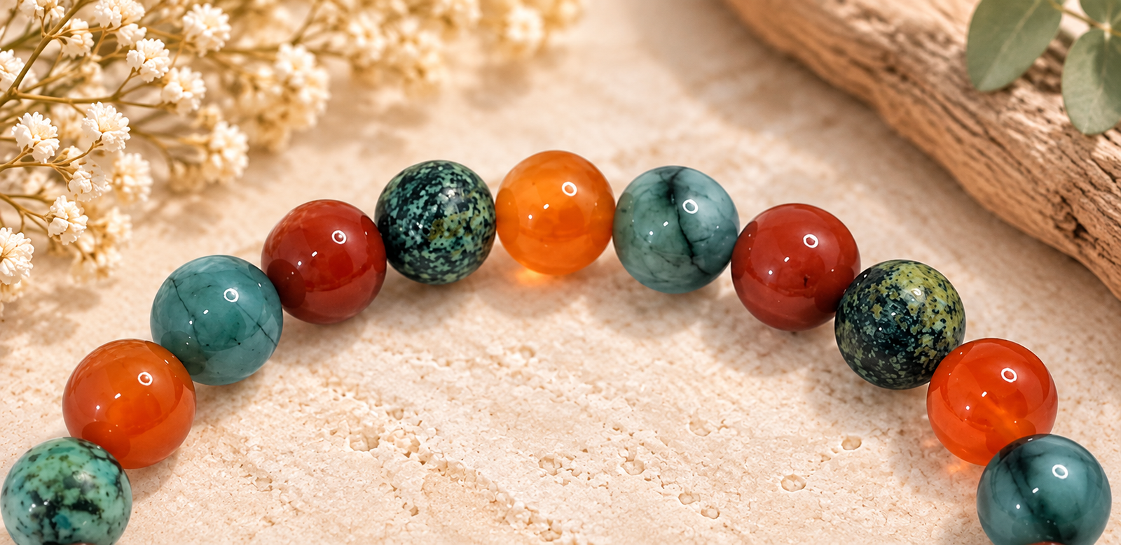 Bracelet Jaspe Rouge, Cornaline, Emeraude et Turquoise." Immunité " – Image 3