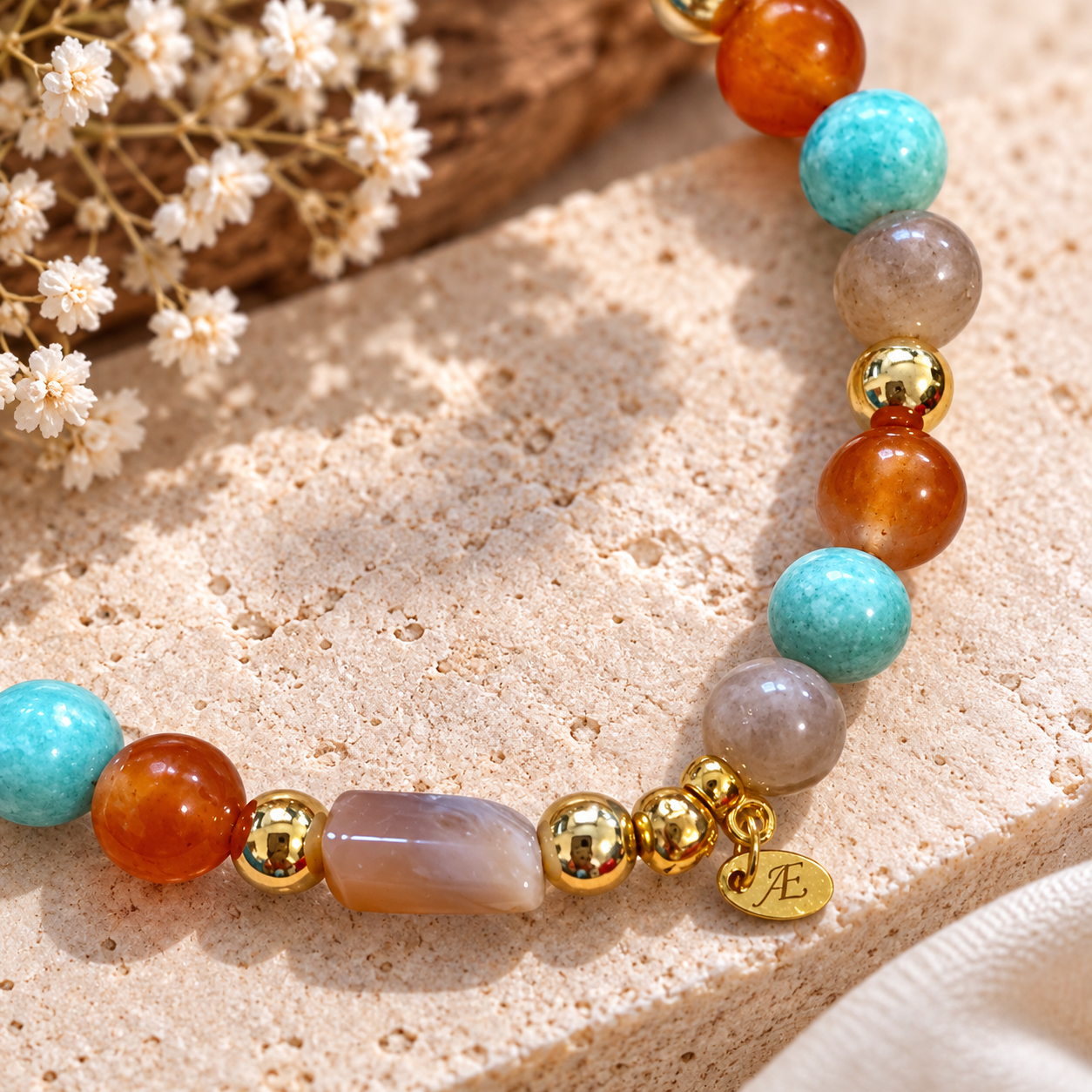 Bracelet Amazonite, Cornaline et Pierre du Soleil " Joie de Vivre " – Image 3