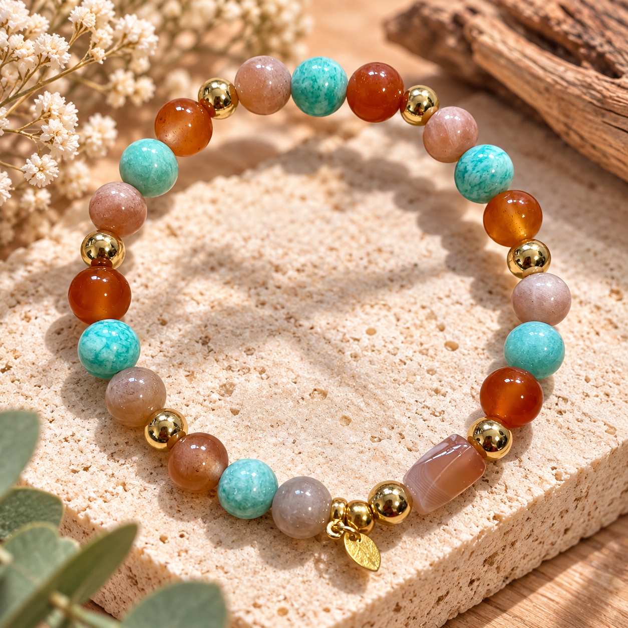Bracelet Amazonite, Cornaline et Pierre du Soleil " Joie de Vivre " – Image 2