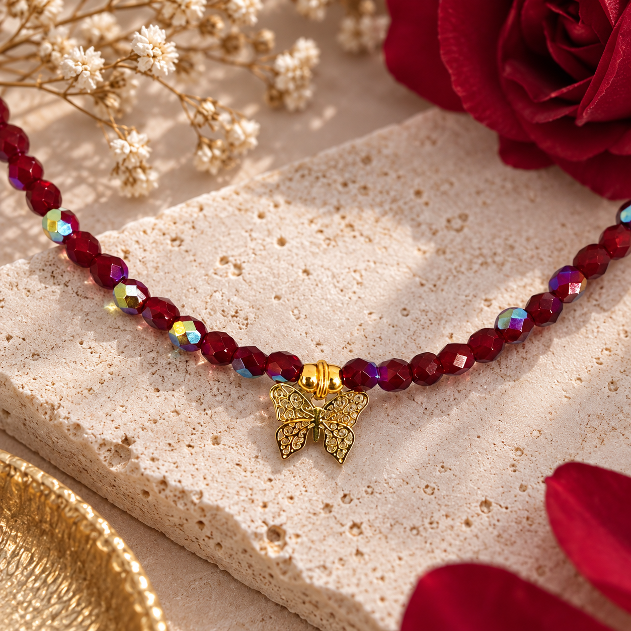 Collier Perles Grenat Facetté /Papillon Filigrane – Image 3