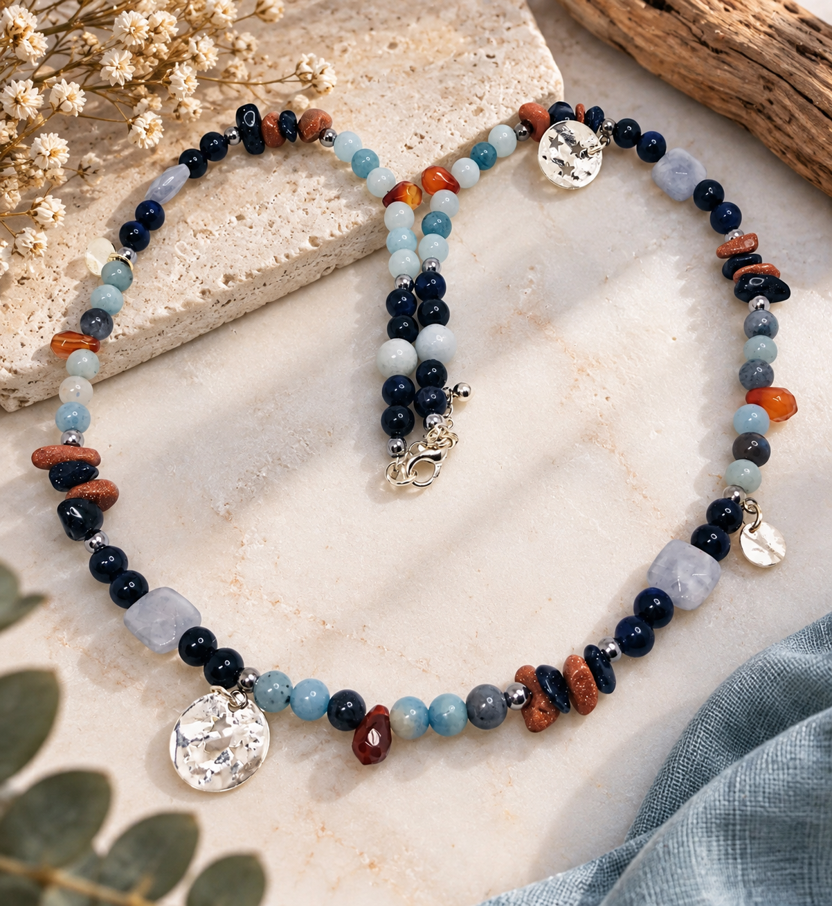 Collier Pierres de Iolite, Œil de Tigre Bleu, Aigue-Marine & chips d’Agate. Perles Naturelles – Image 2