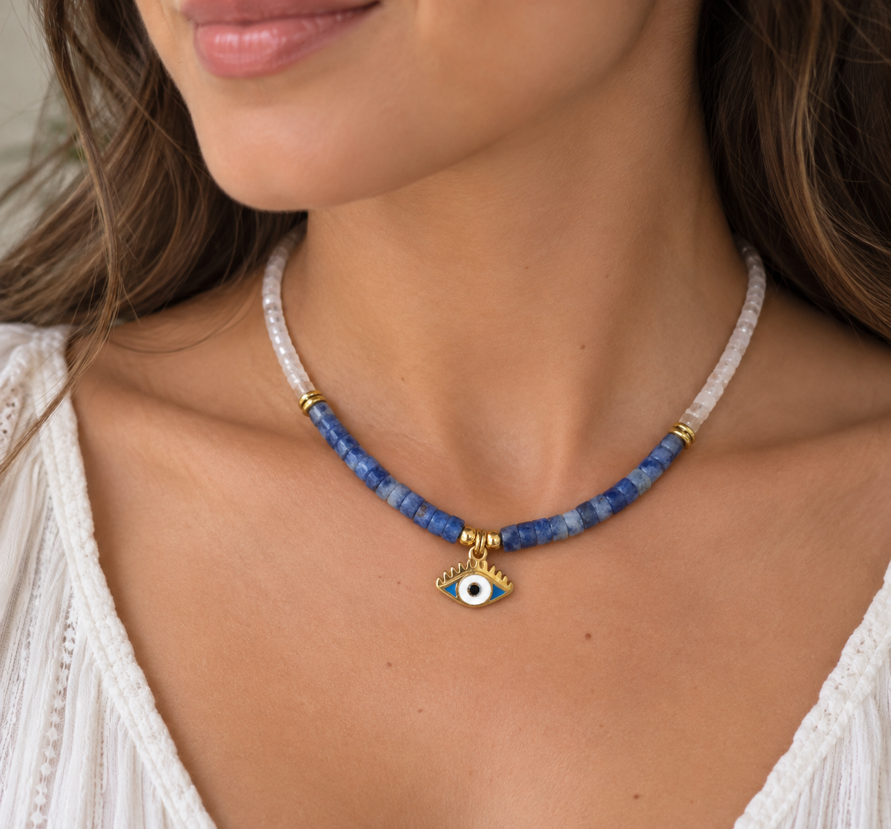 Collier Lapis-Lazuli/ Cristal/Œil Grec