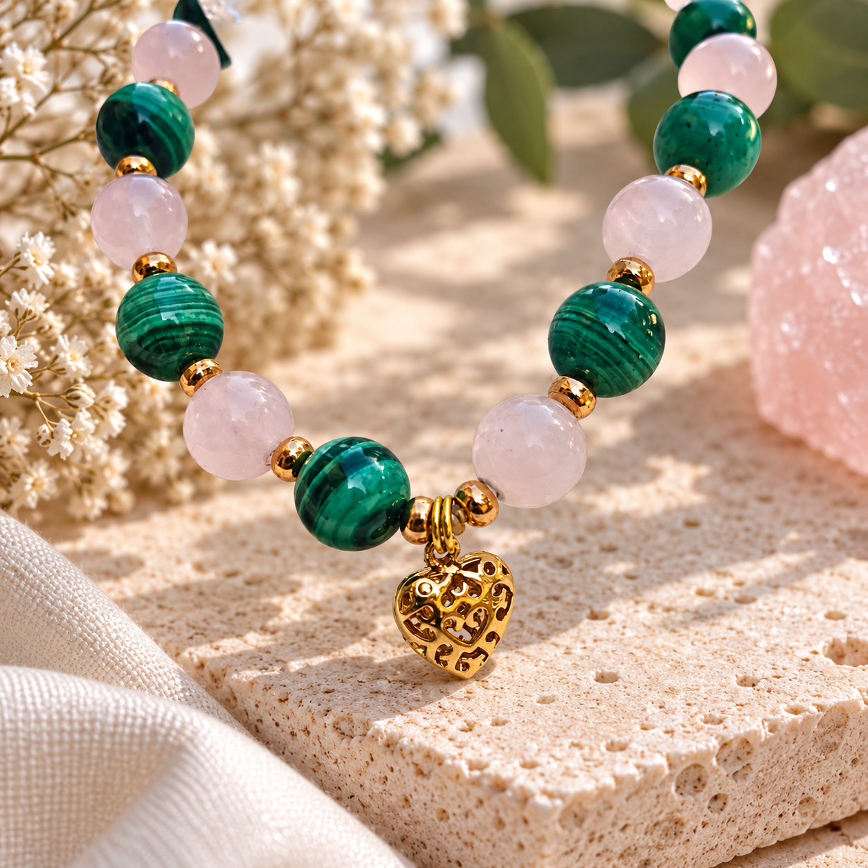 Bracelet Malachite & Quartz Rose Apaisement et sérénité – Image 3