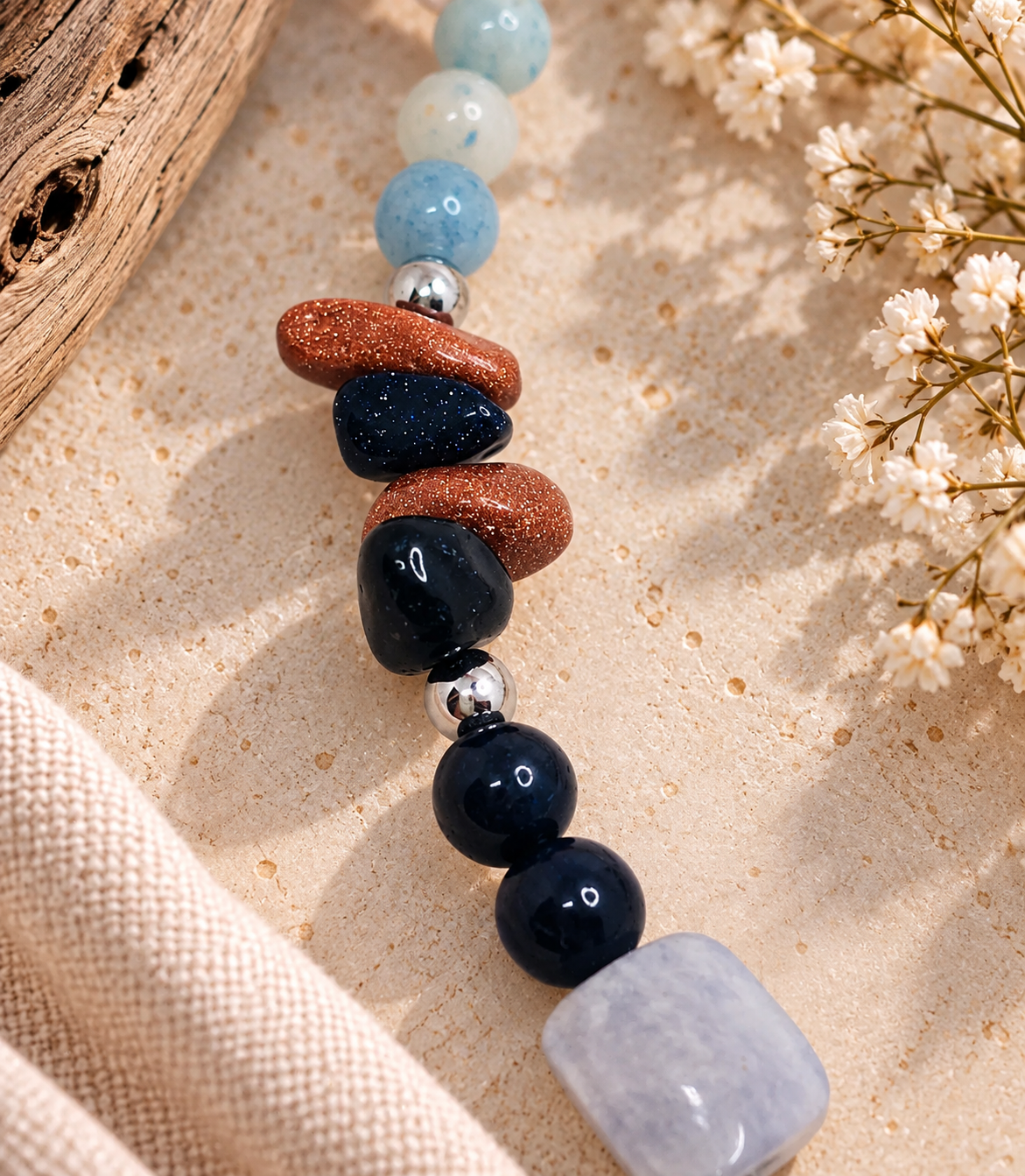 Collier Pierres de Iolite, Œil de Tigre Bleu, Aigue-Marine & chips d’Agate. Perles Naturelles – Image 4