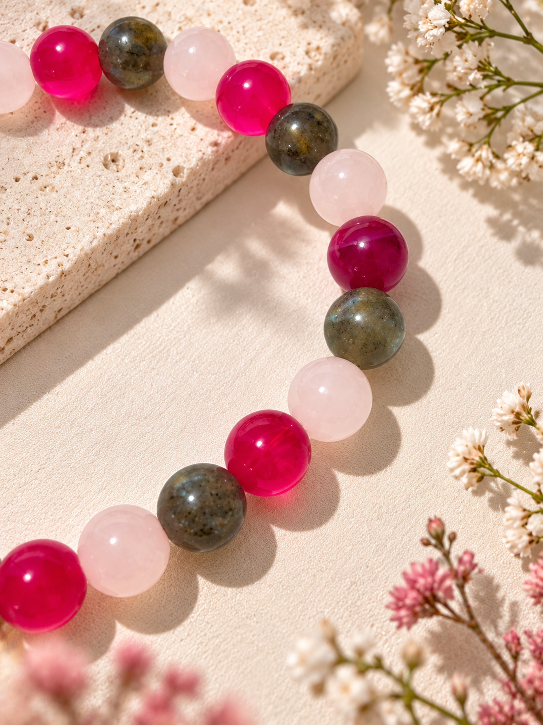 Bracelet Agate fuchsia, Quartz rose et Labradorite, perles naturelles – Image 3