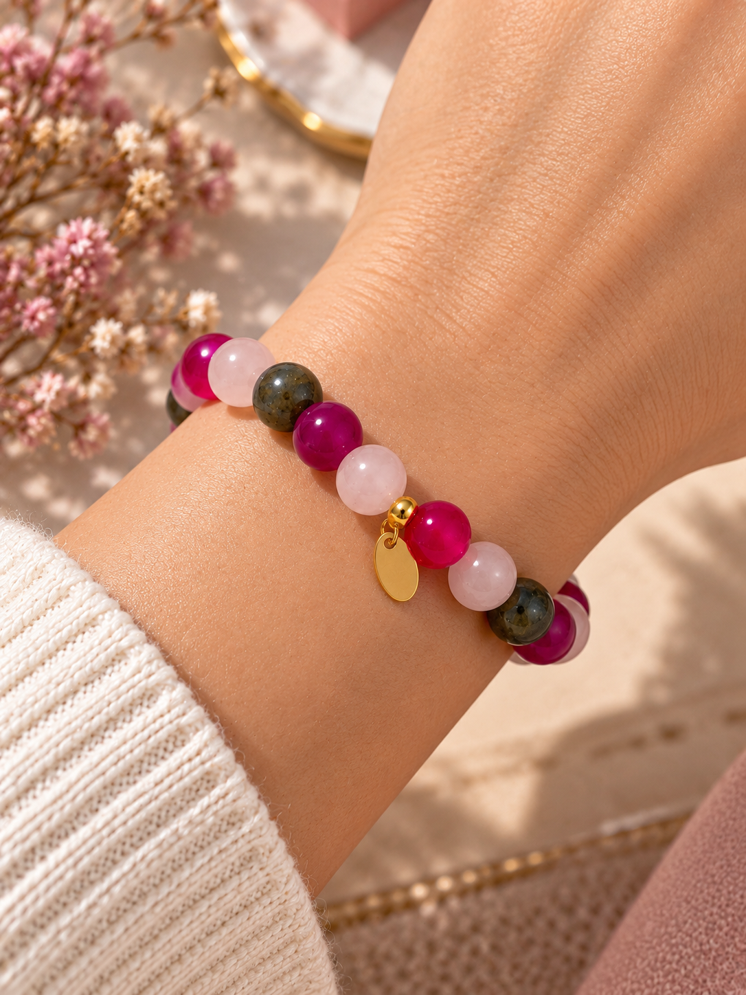 Bracelet Agate fuchsia, Quartz rose et Labradorite, perles naturelles