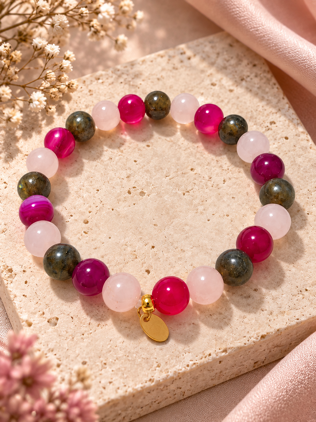 Bracelet Agate fuchsia, Quartz rose et Labradorite, perles naturelles – Image 2