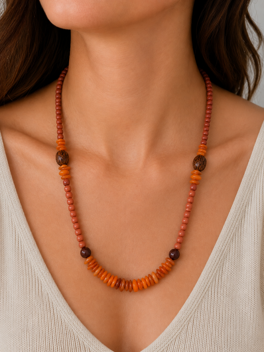 Collier en Bois de Santal, Bois de Rose & Cornaline Naturelle
