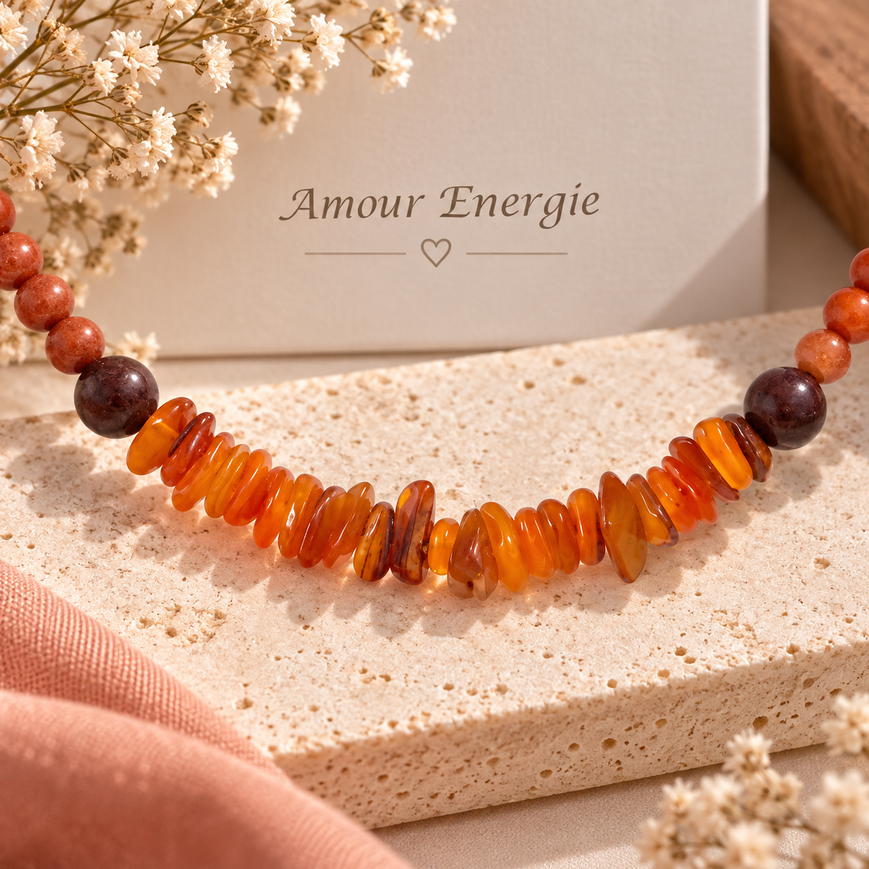 Collier en Bois de Santal, Bois de Rose & Cornaline Naturelle – Image 3