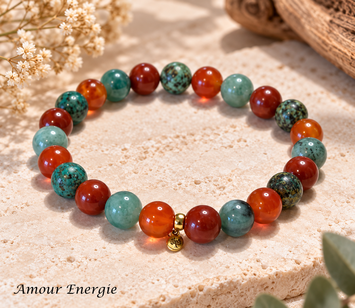 Bracelet Jaspe Rouge, Cornaline, Emeraude et Turquoise." Immunité " – Image 2