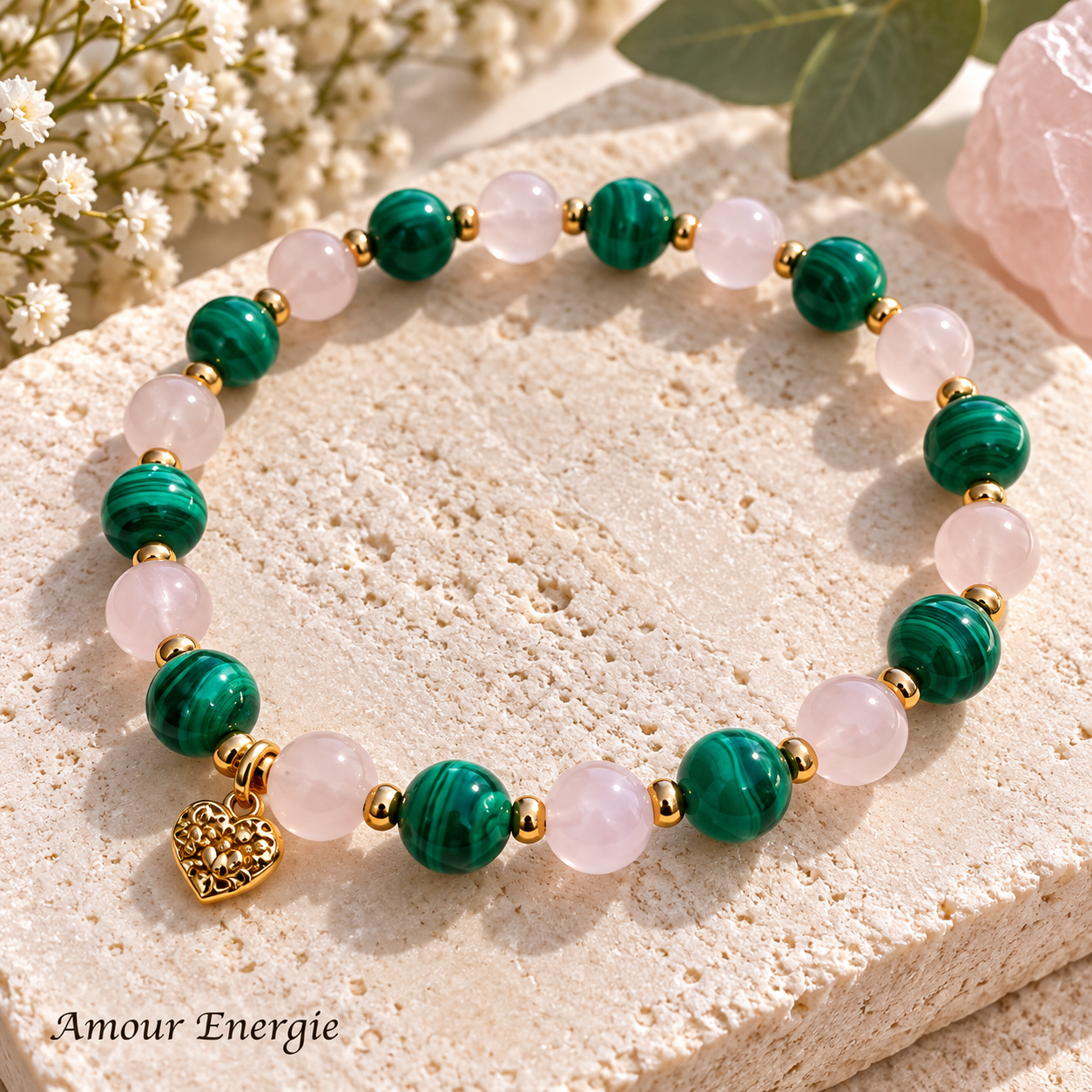 Bracelet Malachite & Quartz Rose Apaisement et sérénité – Image 2